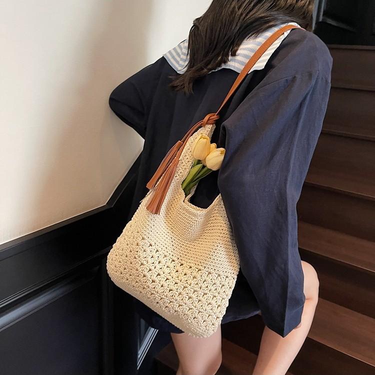 Large capacity woven bag women's summer new versatile shoulder shopping bag high-end seaside beach bag