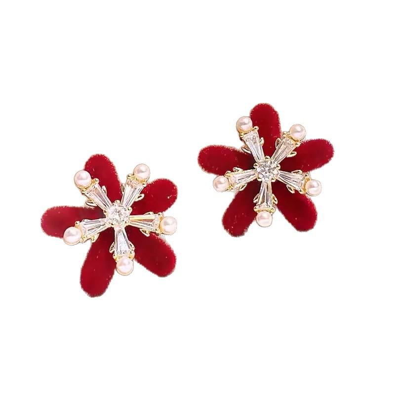 Red Zircon Pearl Flower Stud Earrings for Women – Exquisite Niche Design, Versatile Light Luxury Ear Jewelry