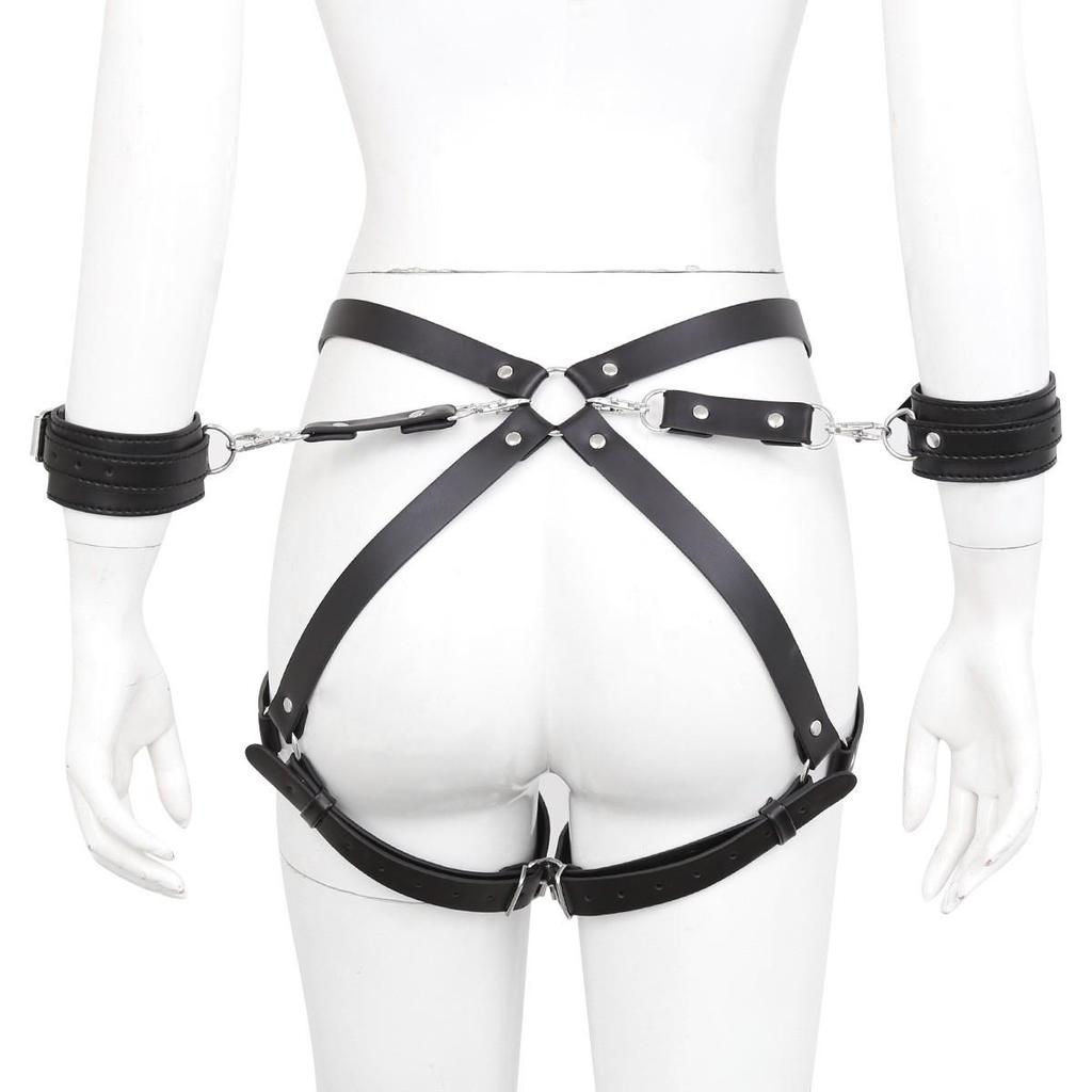 VaHppy Chastity Pants + Handcuffs Removable PU Adjustable Length Unisex Anal Sex SM BDSM Bondage Sex Toys Couples Adult Products