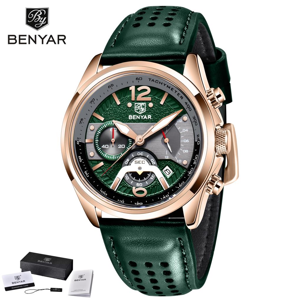 BENYAR 5171 New Fashion Men's Top Leather Quartz Watch Stainless Steel 30M Waterproof Luminous Reloj Hombre Watches for Man