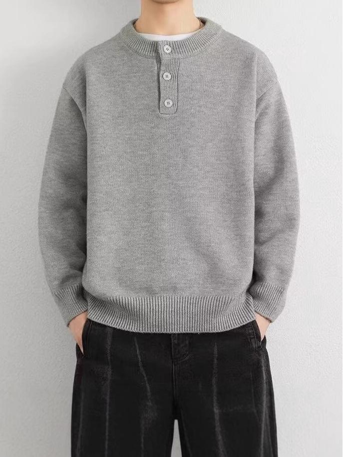 Men's American Retro Henley Collar Sweater: Autumn/Winter Clean Fit, High-End Feel, Solid Color Base Layer Knitwear
