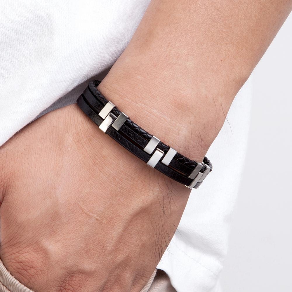 Black Brown Blue Color Three-Layer Stitching Accessories Stainless Steel Men's Leather Bracelet Advanced Design Style Gift