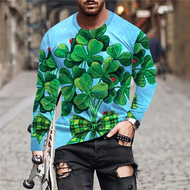 

Lucky Clover T Shirt For Men Green Print Long Sleeve Top 3D Casual Street Man s T-shirt Oversized Tee Shirt Men Vintage Clothing
