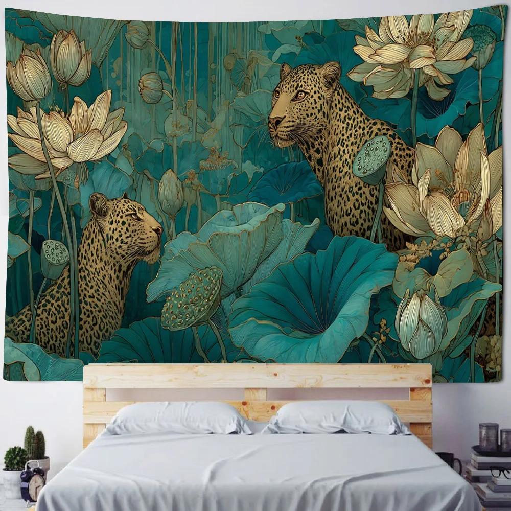 European Cheetah Art Tapesty Flower Tropical Plant Fabric Wall Hanging Home Dormitory Bedside Decorative Tapestry