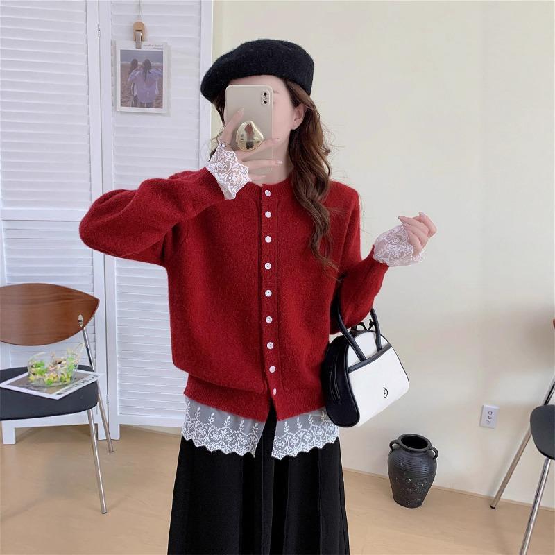 Autumn and winter new design lace splicing lace knitted cardigan women's loose age-reducing sweater jacket