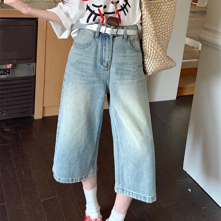 Women s Retro Light Blue High-Waisted Wide Leg Denim Capris XS (75-85 jin)