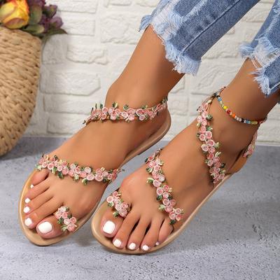 Damen Sandalen Sommermode Flache Sandalen Damen Floral Boho Casual Strandsandalen
