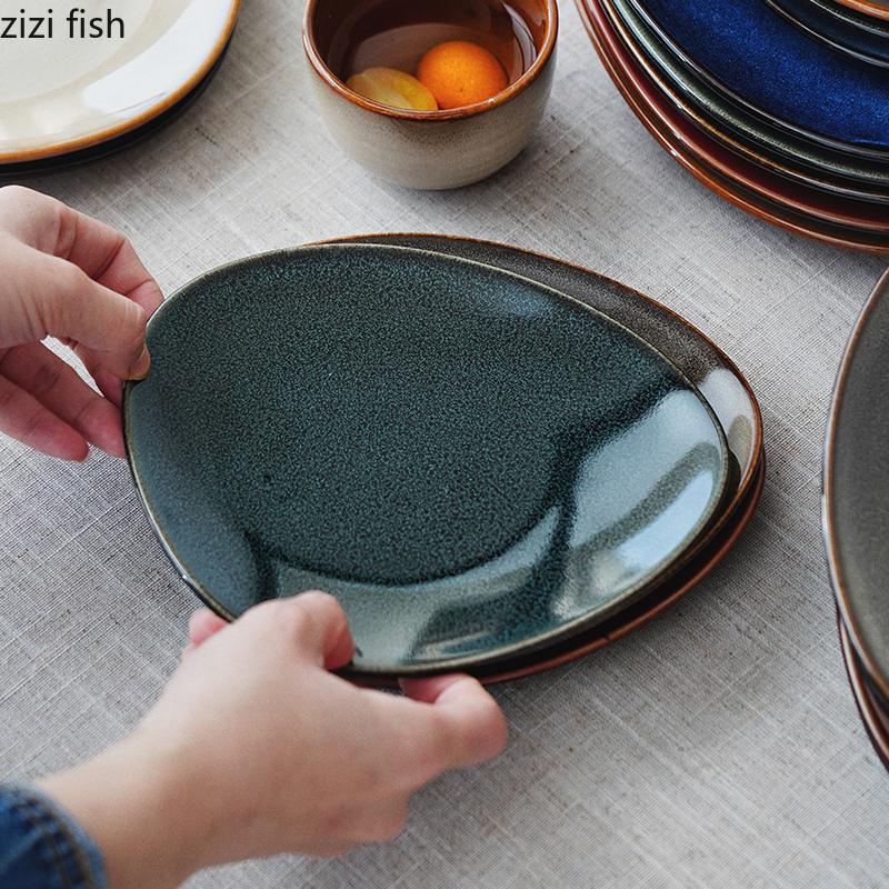 Kiln Changes Triangle Shallow Plate Ceramic Tableware Steak Plate Salad Plate Dessert Dish Dim Sum Dish Japanese Tableware