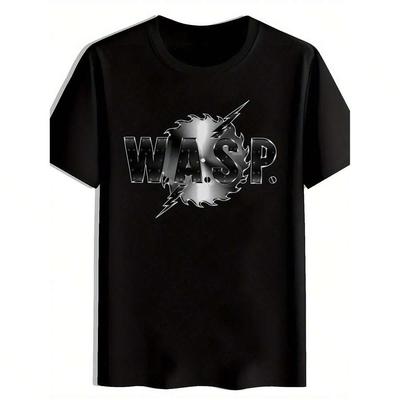 Men'S Black T-Shirt With 'WASP' Graphic Print - Retro Rock Band Design, Short Sleeve Crew Neck