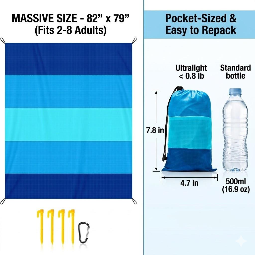 Oversized Beach Blanket Sand Free Water Resistant Ripstop Polyester Picnic Mat with 4 Stakes for 2-8 Adults Large Outdoor Rug
