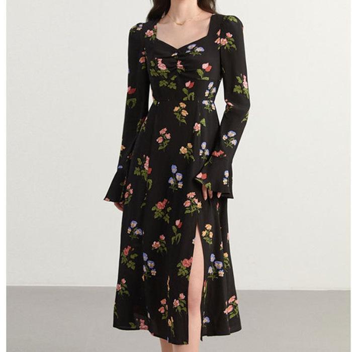 

New spring and autumn large size women s clothing medium and long skirt French retro good-looking waist side split dress tide 2XL чорний