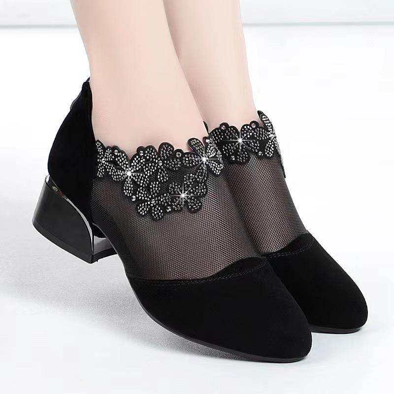 Womens Stylish Rhinestone Mesh Block Heel Sandals with Back Zipper Perfect for Any Occasion