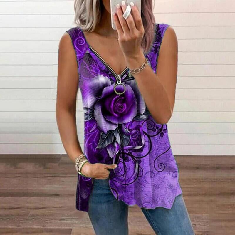 Women Summer Rose Print Zippered V-neck Sleeveless Casual Vest T-shirt