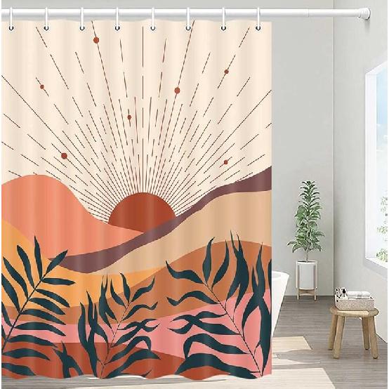 Boho Shower Curtain, Orange Bohemian Mid Century Modern Shower Curtain, Abstract Blue Leaves Plant Grey Minimalist Bathroom Decor Bath Curtain