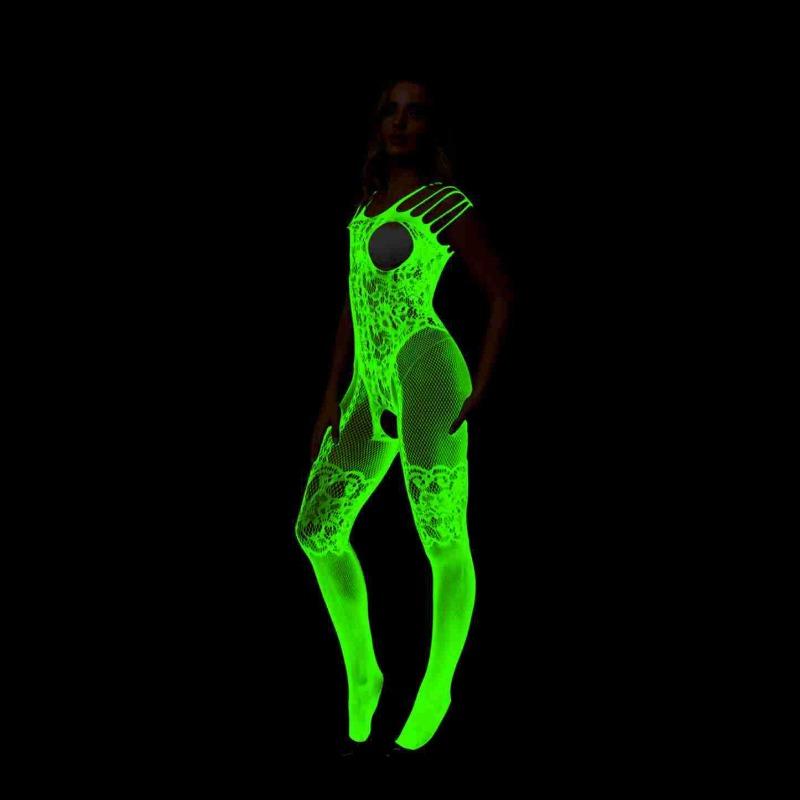 Fun underwear luminous hollow luminous hanging sexy one-piece jacquard mesh clothes open neck y