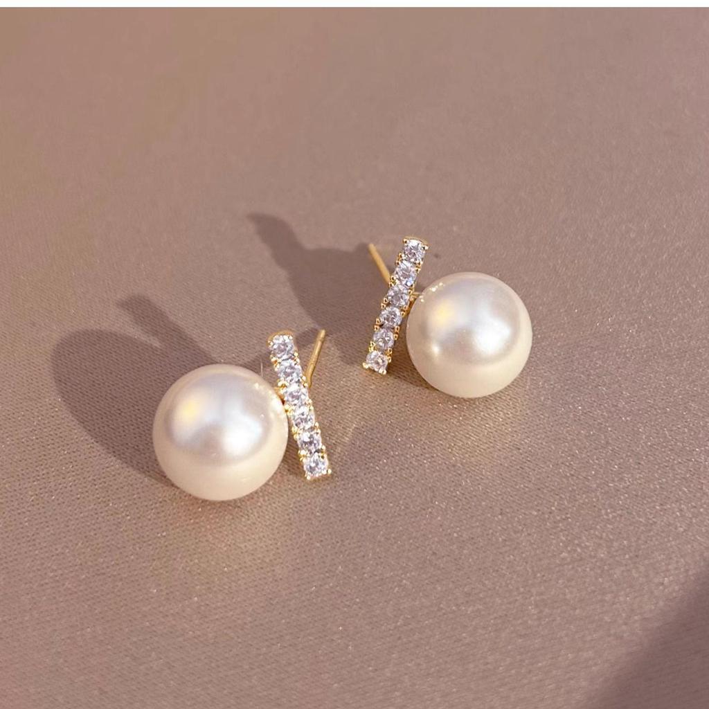 S925 Silver Needle Pearl & Diamond Inlaid Stud Earrings - Elegant, Light Luxury Style