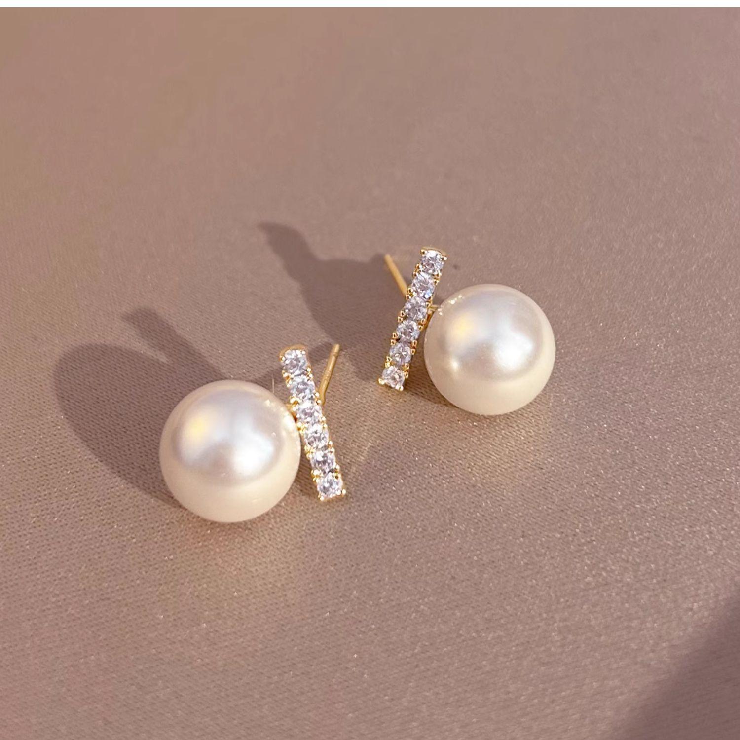 S925 Silver Needle Pearl & Diamond Inlaid Stud Earrings - Elegant, Light Luxury Style