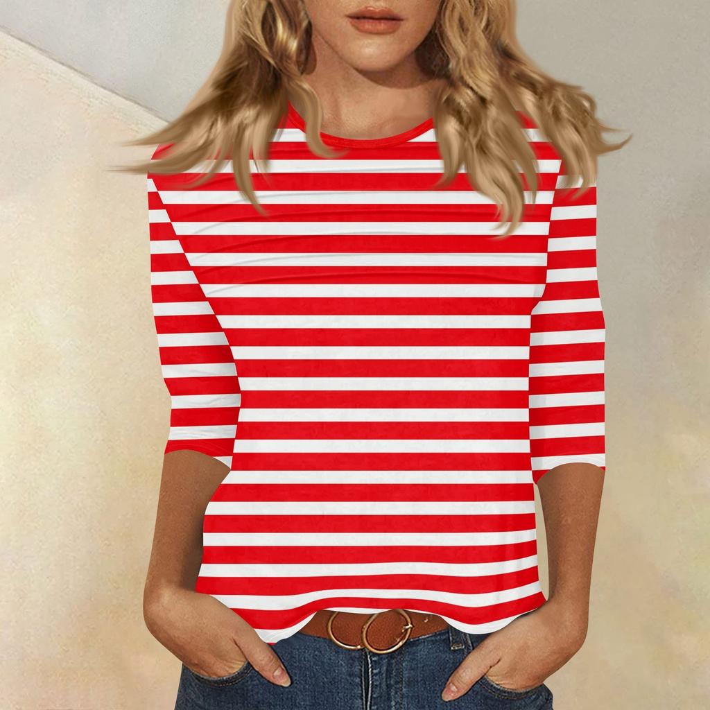 Women's O-neck 3/4 Sleeve Striped Print Top