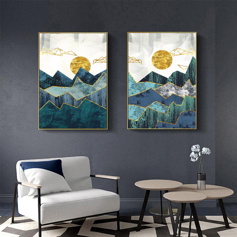 Nordic abstrato geométrico montanha paisagem arte da parede pintura em tela dourado sol arte cartaz impressão imagem de parede para sala estar