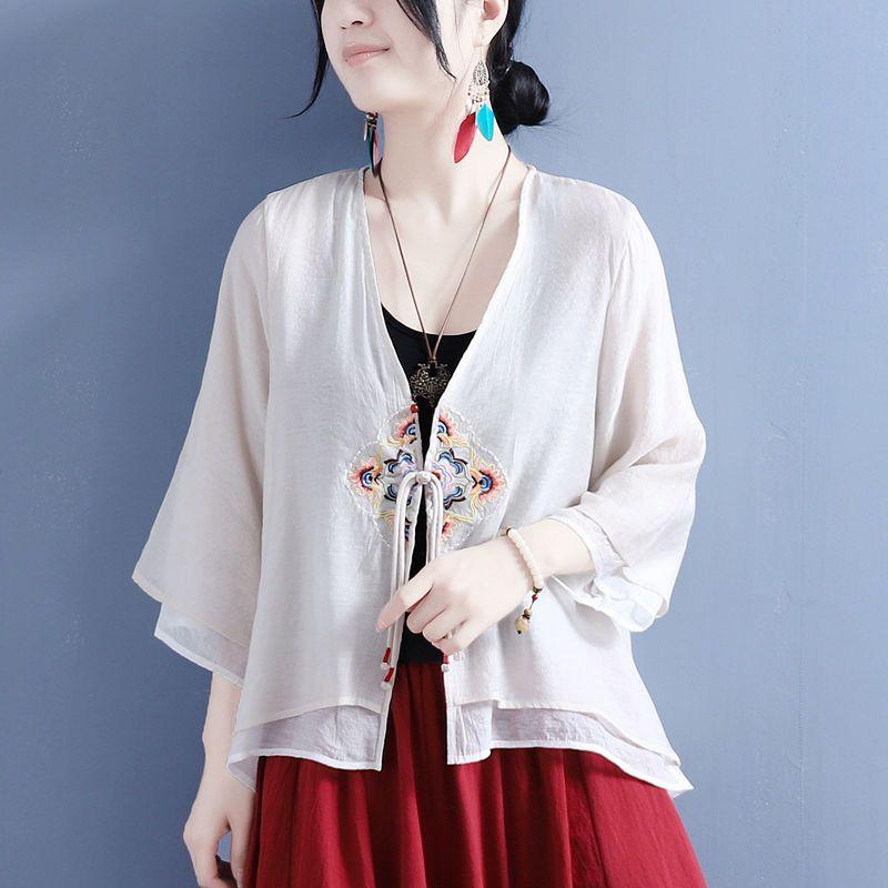 Etnický styl Symetrický kardigan Vyšívané prošívání Košile Dámská Letní Tříčtvrteční rukáv Disková spona Zavinovací Bavlněná a Lněná Halenka