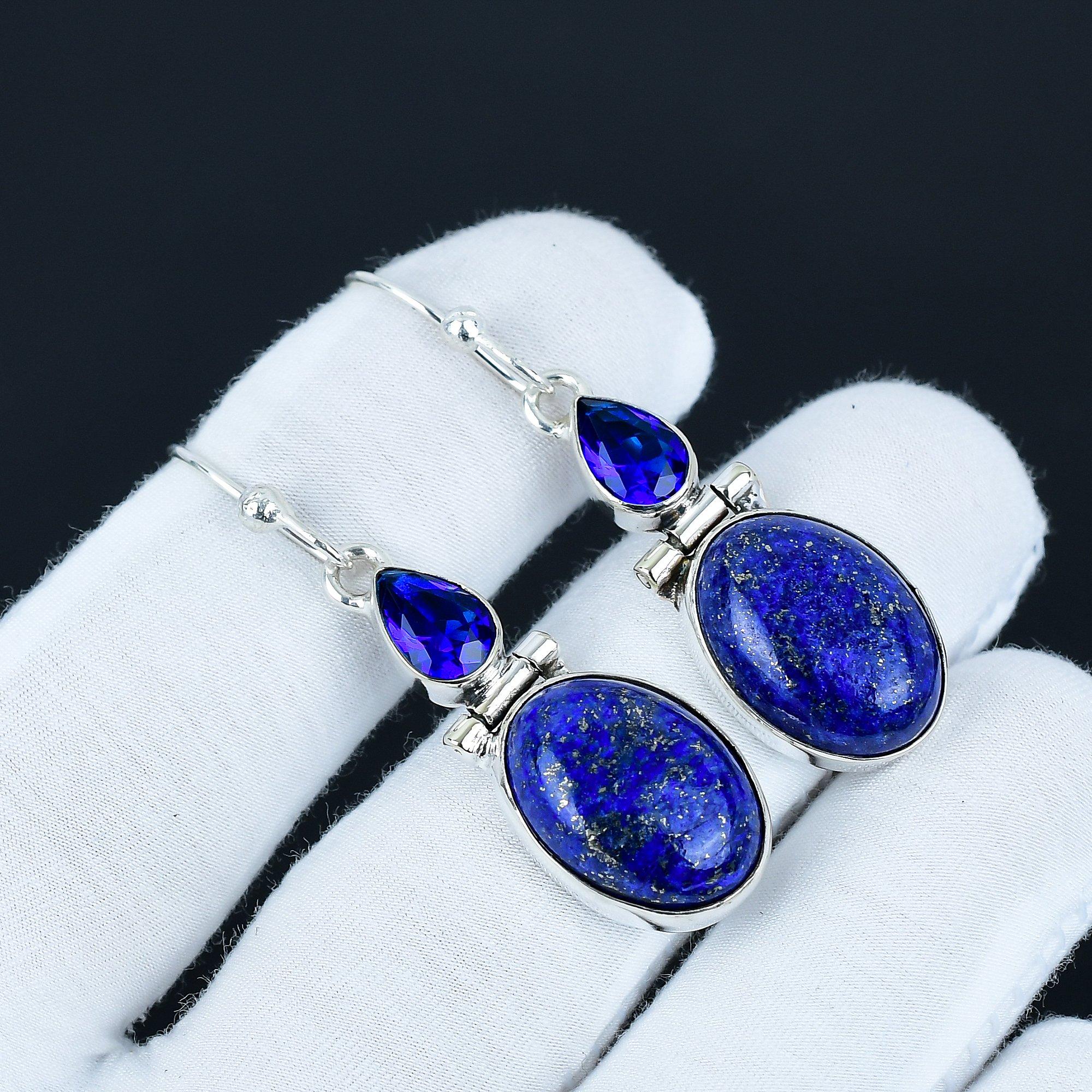 

Серьги с лазуритом и синим сапфиром, серьги из стерлингового серебра 925 пробы, ювелирные украшения для вечеринок, серьги-подвески для подарков на помолвку 5.5 Cm синий