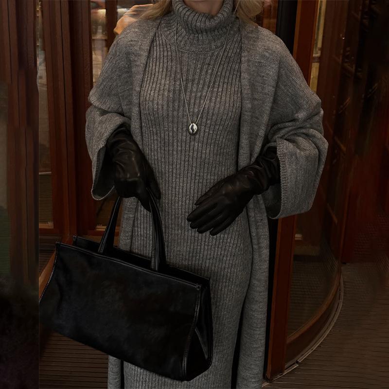 Autumn and Winter New Turtleneck Slim Fit Inside Long Skirt Cardigan Robe Jacket Sweater Set Women