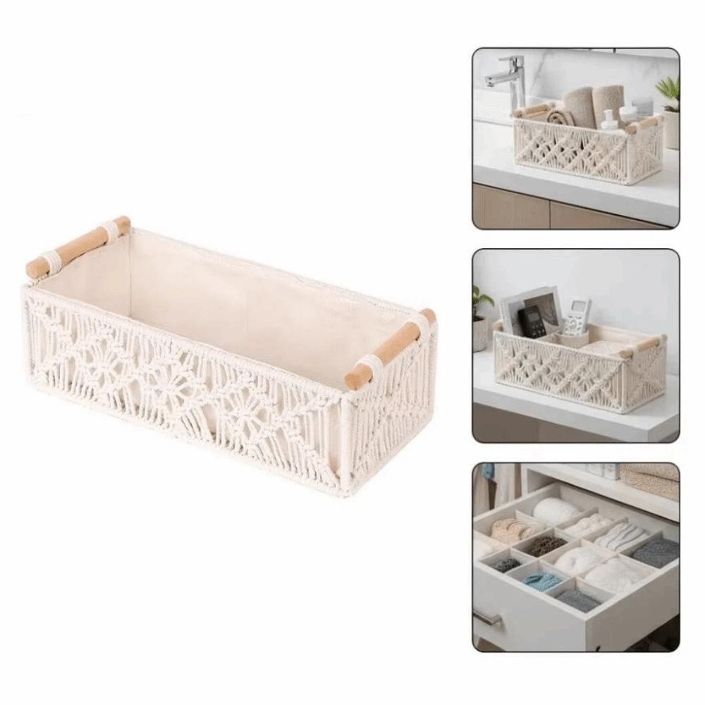 Decorative Macrame Organizer Box Grid Designed Woven Storage Basket  Bathroom