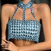 Rhinestones Diamond Body Chain Bra for Women Crystal Backless Chest Chain Halterneck Mesh Crop Top Harness Body Jewelry