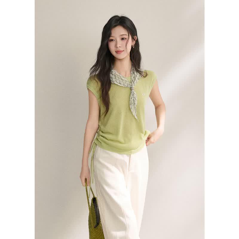 Damen 2026 Sommer Tencel Leinen Mischung Kordelzug Schlank Gestricktes T-Shirt