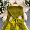 Elegant V-neck Long Sleeve Pleated Dress for Women Orange Red Pearl Trim Belted Waist 3D Flower Hem Midi Dresses Women