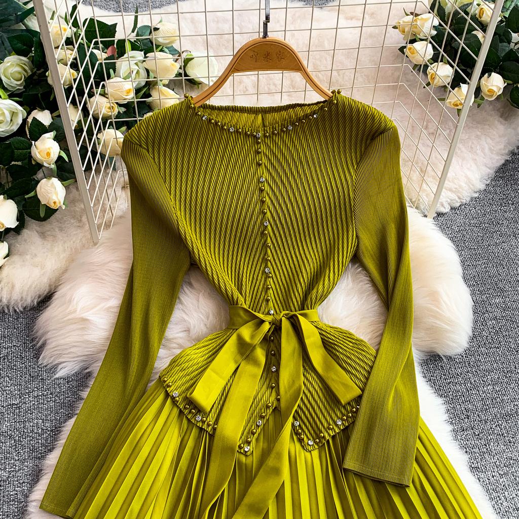 Elegant V-neck Long Sleeve Pleated Dress for Women Orange Red Pearl Trim Belted Waist 3D Flower Hem Midi Dresses Women