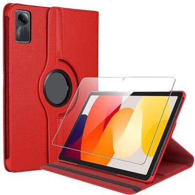 Case + Tempered Glass - BOOLING - for Xiaomi Redmi Pad SE 11" - 360° Rotatable - Red - Faux Leather