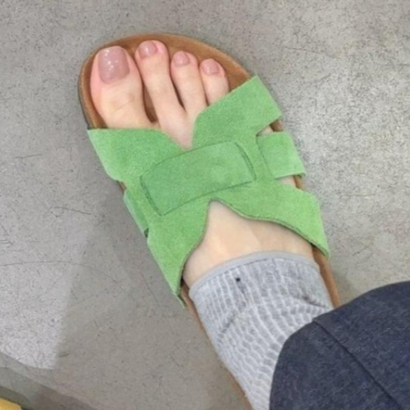 

Plus Size Soft Sole Vintage Flip Flops Summer New Round Toe Suede Cutout Flat Sandals 35 зелёный