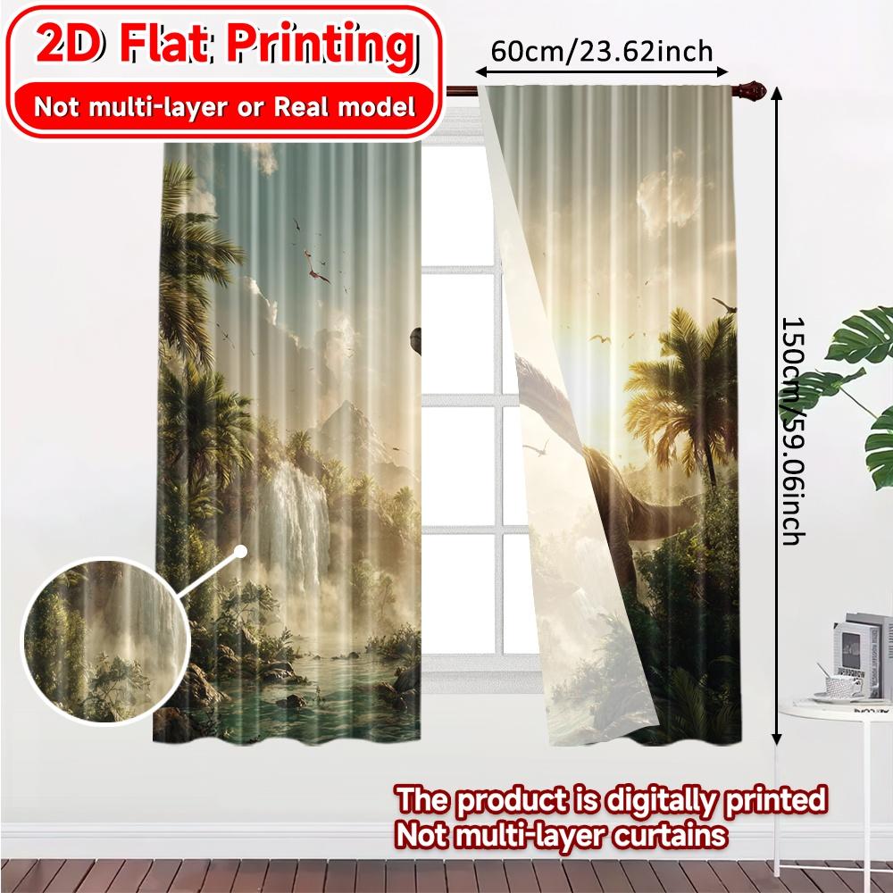 2D Flat Printing,2pcs Jurassic Vista Popular Curtains Digital Printed Semi-Sheer Curtains Holiday for Living Room, Bedroom,