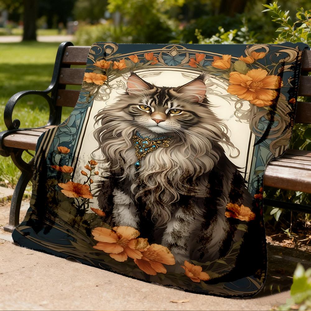 1pc Cat Portrait Art Print Outdoor Blanket, Lightweight Polyester,