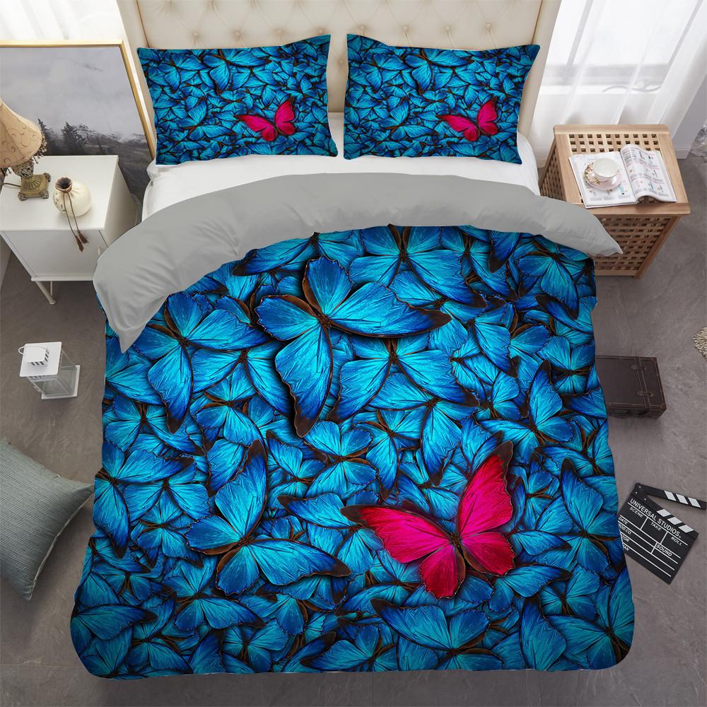 Schmetterling Bettbezug Set 3D Druck Lila Insekt Verträumt Leicht King Queen Bettdeckenbezug für Kind Junge Mädchen Polyester Bettwäscheset