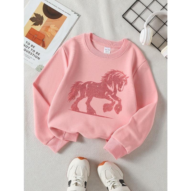 European sizes Kids' Crewneck Sweatshirt Red Horse Silhouette on White Backgroun , Sportswear And Casual Wear, Soft And Comfortable