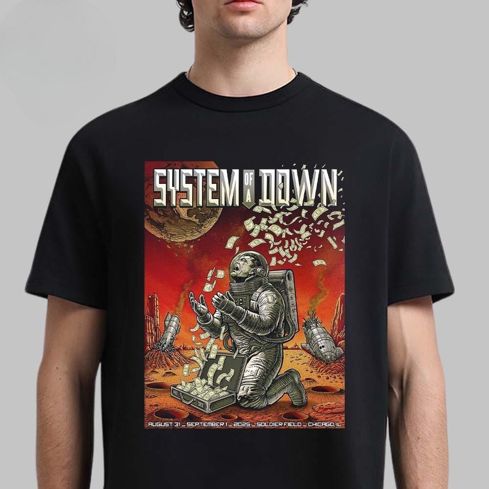 Vzácné tričko System of A Down Toronto Kanada 2025 Místo konání Rogers Stadium 3. a 5. září UFO Skyline City Oboustranné Modré Tričko