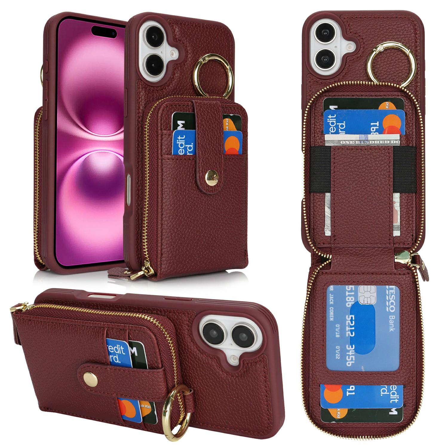 

For iPhone 16 Plus Case with Zipper Pouch/Ring Kickstand/Strap Litchi Texture PU+TPU Phone Cover Wine Red