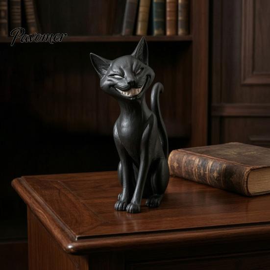 Creepy Cute Cat Statue 3D Printed Grinning Black Statue, Sitting Figurine, Dark Animal Collectibles Style Sculpture, Halloween Decorative Figurine for