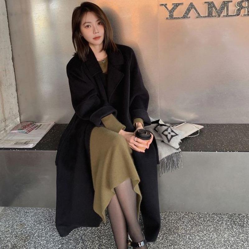 Autumn Winter Casual Fashion Solid Color Lace Up Coat Women Simple All-match Woolen Fabric Outwear Cardigan Top