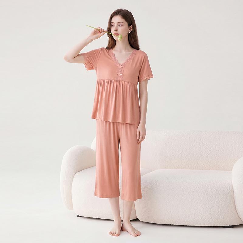 Fenteng [Comes with Chest Mat 7A Antibacterial] Anti mite Lace V-neck Light Mature Style Short Sleeve Home Clothes Set for Women's Pajamas