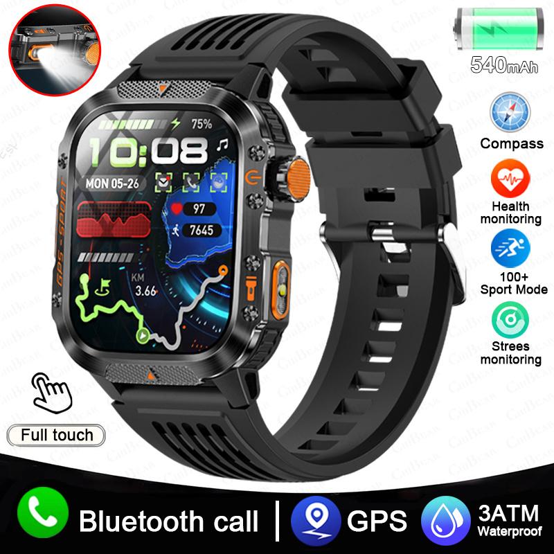 New Military Outdoor GPS Smart Watch Men LED Flashlight Compas Bluetooth Call 2.01" Screen 5ATM Waterproof Sports Smartwatch