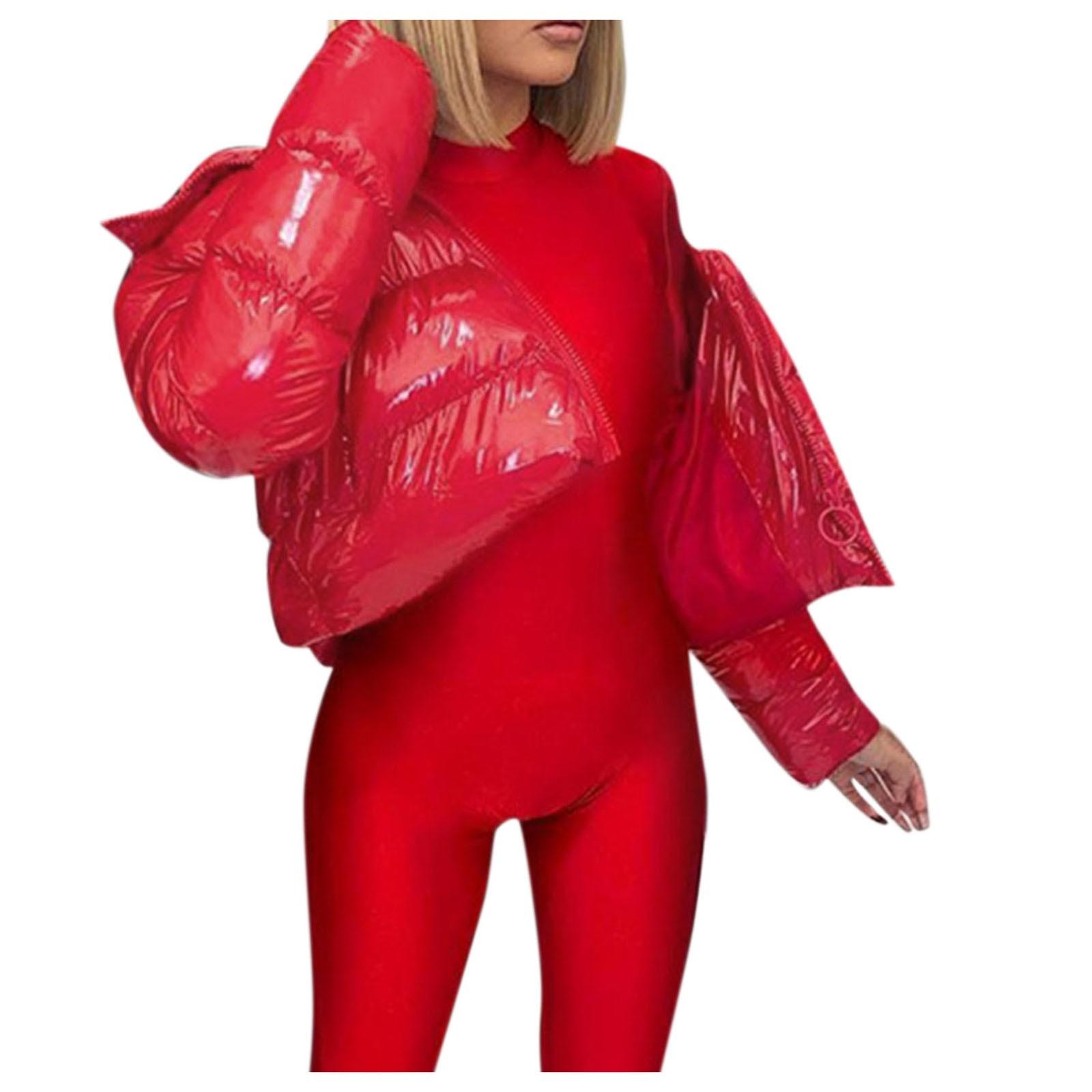 

Женское полупальто с подкладкой, однотонный кардиган с воротником-стойкой, зимняя куртка-пуховик из лакированной кожи, блестящая верхняя одежда, подкладочное пальто 21907 XL красный