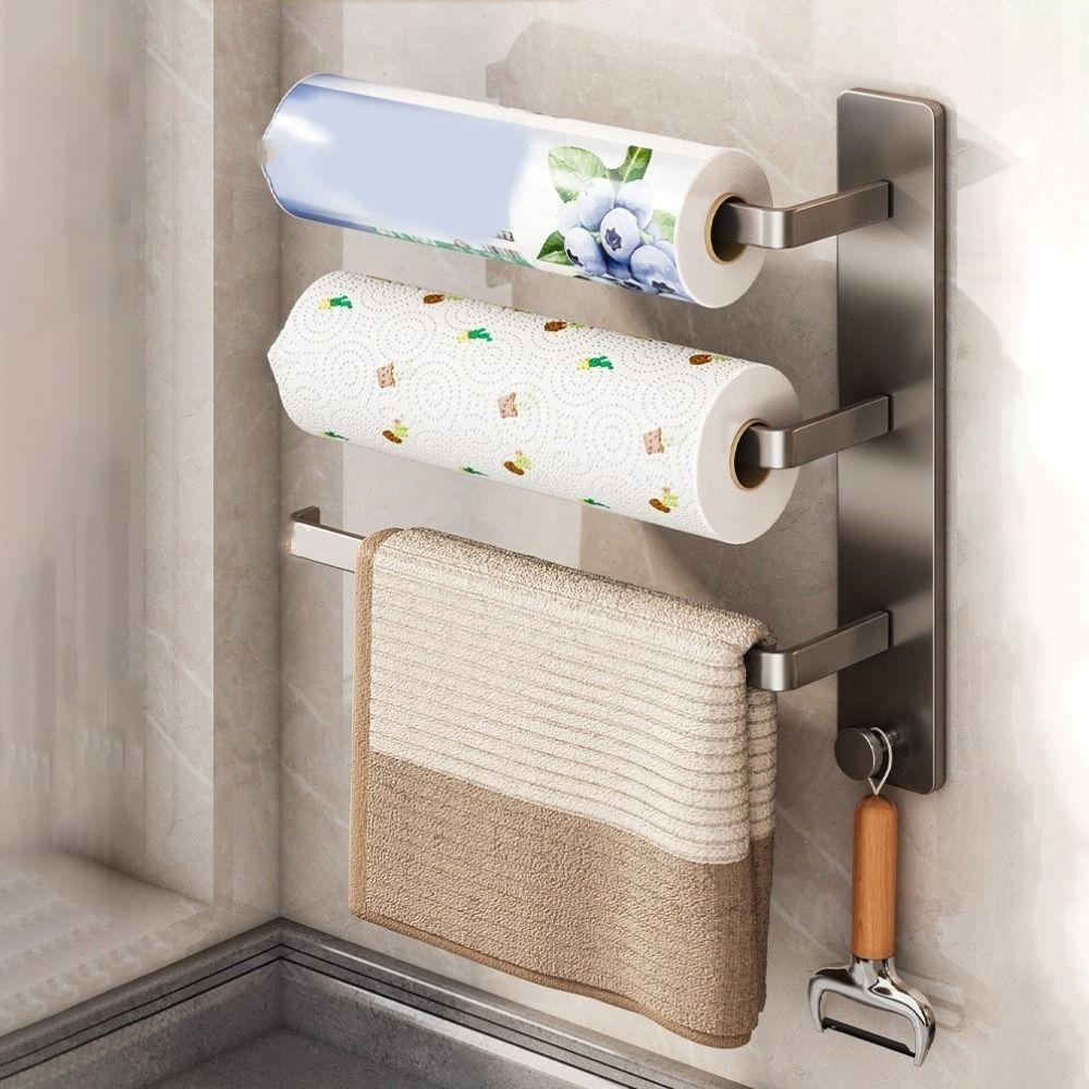 Wall Mounted Paper Towel Holder Carbon Steel Cling Film Storage Rack Roll Paper Dispenser  Bathroom