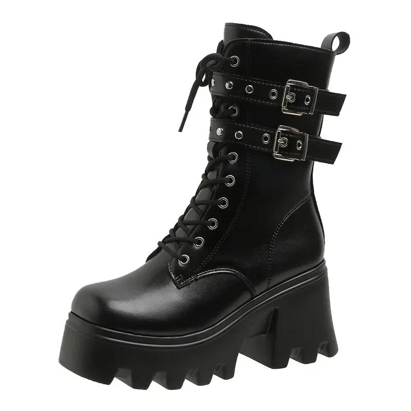 Punk Women Boots Belt Buckle Design Gothic Boots Fashion Mid-Calf Booties Quality Women'S Leather Boots Motorcycle Platform Boot