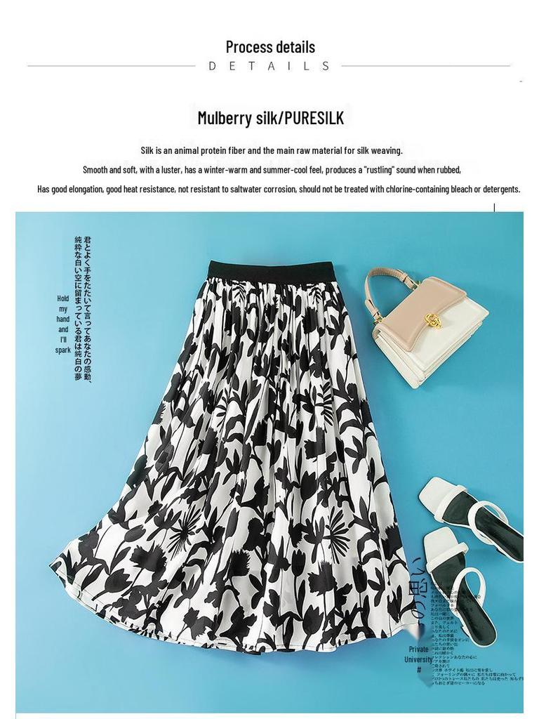 Elegant New Women's Summer A-line High-Waisted Double-Pleated Mulberry Silk Skirt