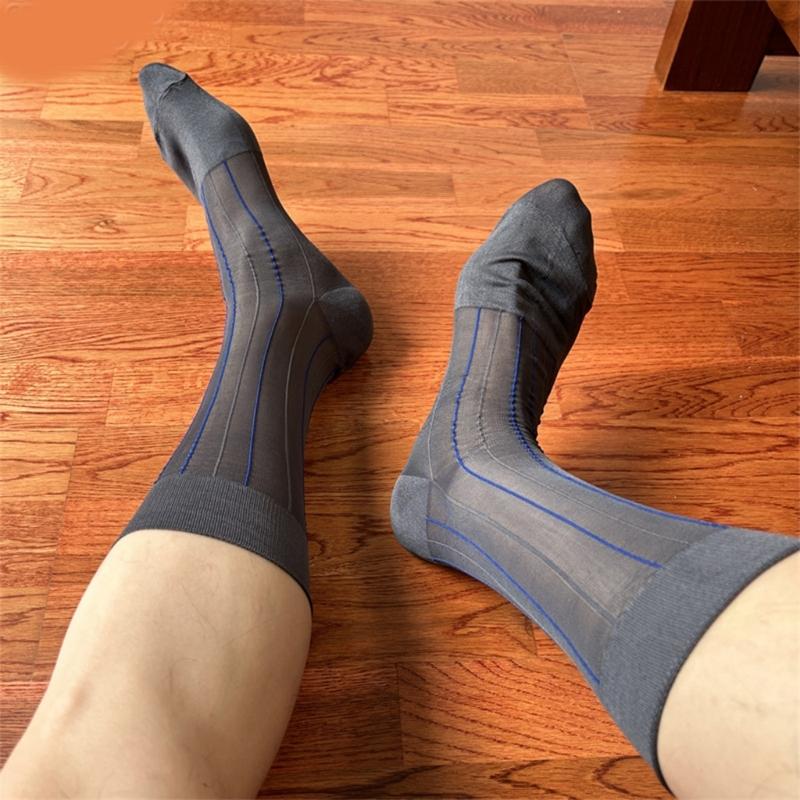 Mens Thin Dress Socks Silk Sheer Business Socks Contrast Color Ribbed Striped Pattern Middle Calf Socks for Formal Event