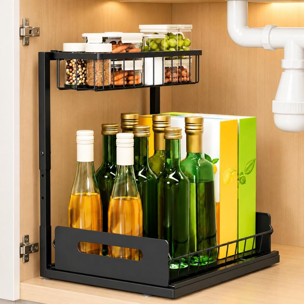 Adjustable Cabinet Organizer Rack Stable Under-Sink with Pull-out Basket