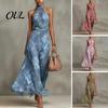 Off-shoulder Dress Floral Chiffon for Women, Halter Sleeveless Ruched Maxi Women Dress, Turtle Neck Wedding Guest Cocktail Evening Waist Slimming